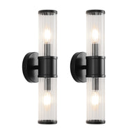 Matte black clear ribbed glass 2-light wall sconces set of 2