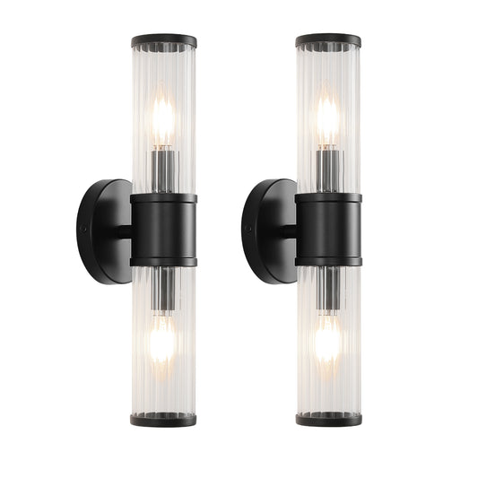 Matte black clear ribbed glass 2-light wall sconces set of 2
