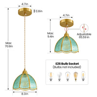 Blue glass pendant light dimensions showing 8.3-inch shade, 70.9-inch max height and E26 socket