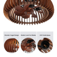 Underside view of wood caged ceiling fan showing hidden wood-grain fan blades and four E26 sockets