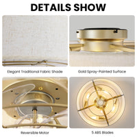Ceiling fan detail views showing linen-blend shade, gold finish, reversible motor and five ABS blades