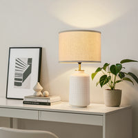 Farmhouse Textured Ceramic Table Lamp with Linen Shade – 23 Inch