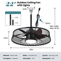Modern Black Caged Outdoor Ceiling Fan with LED Light – 22 Inch
