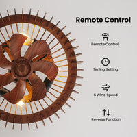 Wood caged ceiling fan remote functions with timer, six fan speeds and reversible airflow