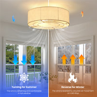 Reversible ceiling fan airflow diagram showing downward summer airflow and reverse winter circulation