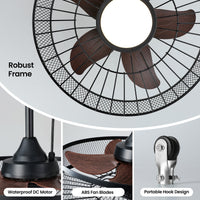 Modern Black Caged Outdoor Ceiling Fan with LED Light – 22 Inch