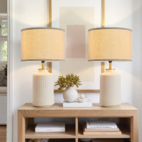 Farmhouse Textured Ceramic Table Lamp with Linen Shade – 23 Inch