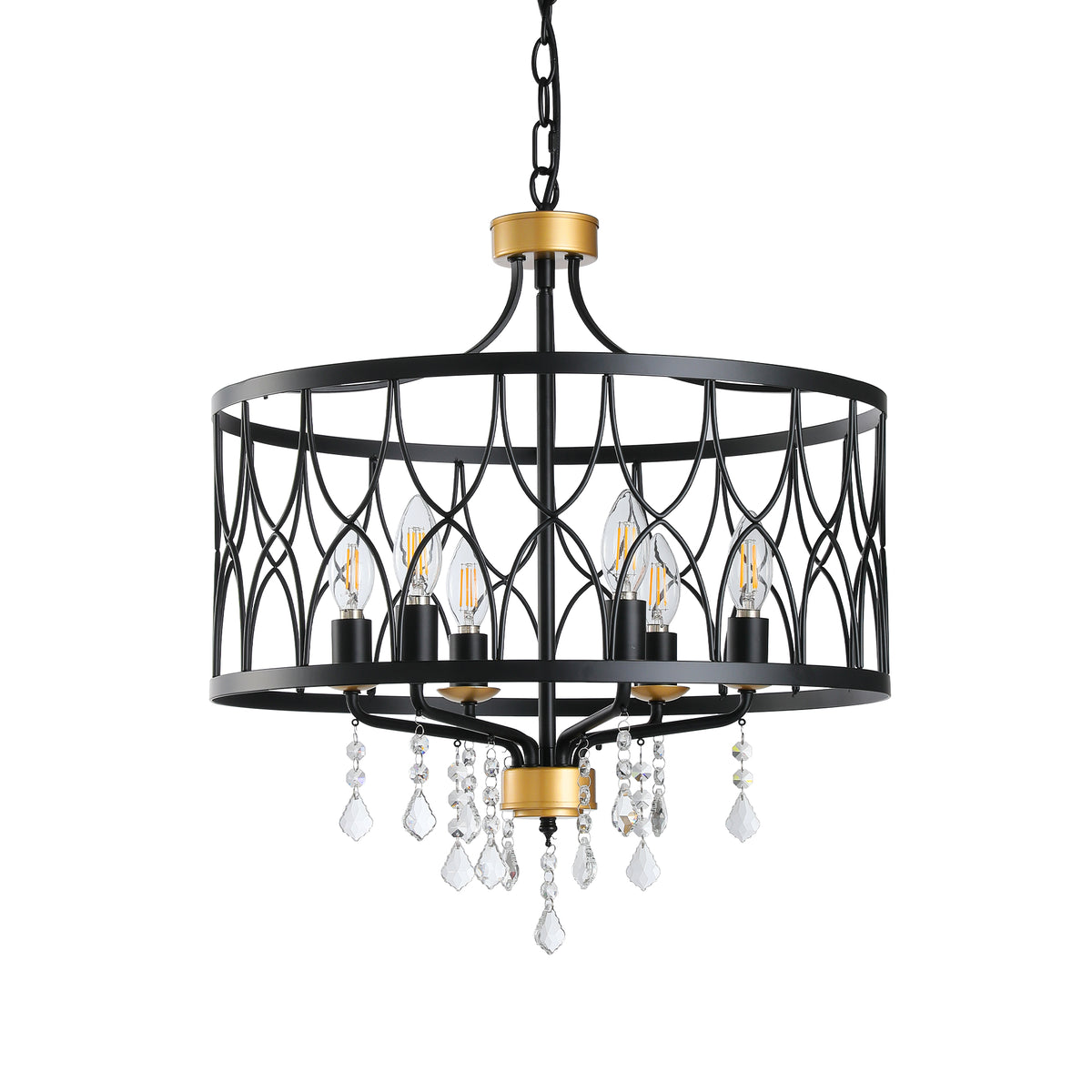 Matte Black Drum Lantern 6-Light Crystal Chandelier