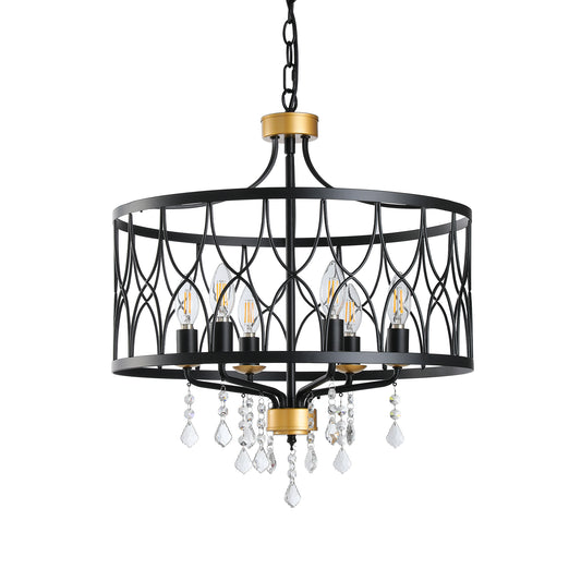 Matte Black Drum Lantern 6-Light Crystal Chandelier