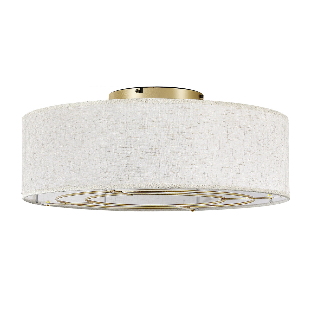 20-inch gold linen-blend flush mount ceiling fan with light on white background