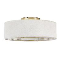 20-inch gold linen-blend flush mount ceiling fan with light on white background