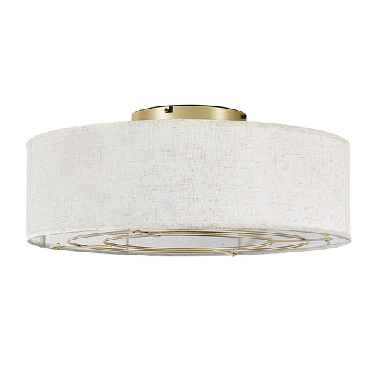 20-inch gold linen-blend flush mount ceiling fan with light on white background