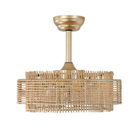 Boho Natural Rattan Caged Ceiling Fan with Light – 20 Inch, Downrod Mount, 4-Light