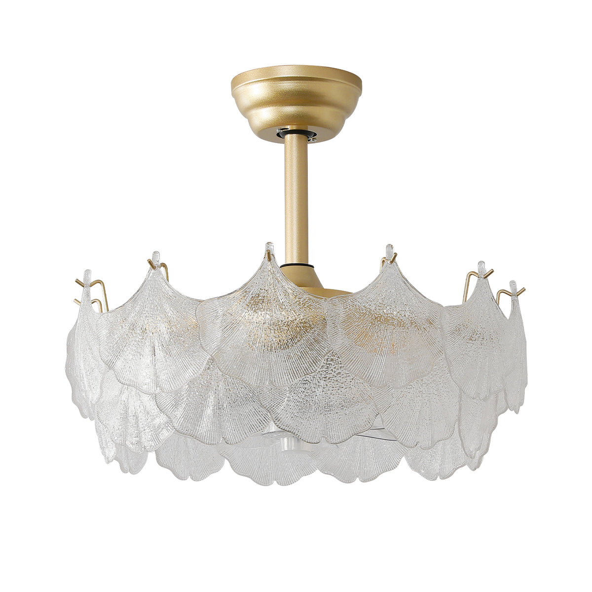Modern Brushed Gold Ginkgo Leaf Glass Caged Ceiling Fan with Light – 19 Inch