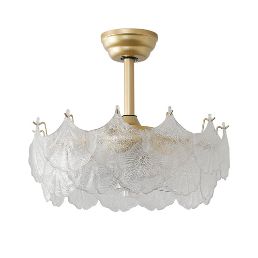 Modern Brushed Gold Ginkgo Leaf Glass Caged Ceiling Fan with Light – 19 Inch