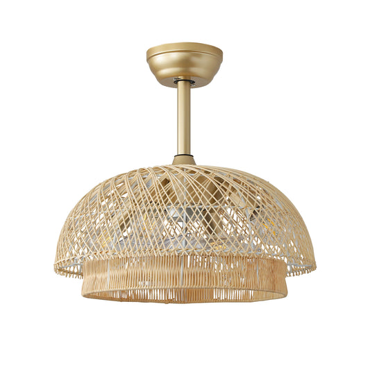 Gold boho rattan caged ceiling fan with light, 19-inch woven shade and 4-light design