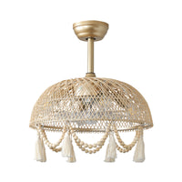 Boho Rattan Tassel Caged Ceiling Fan with Light – 19 Inch, Gold
