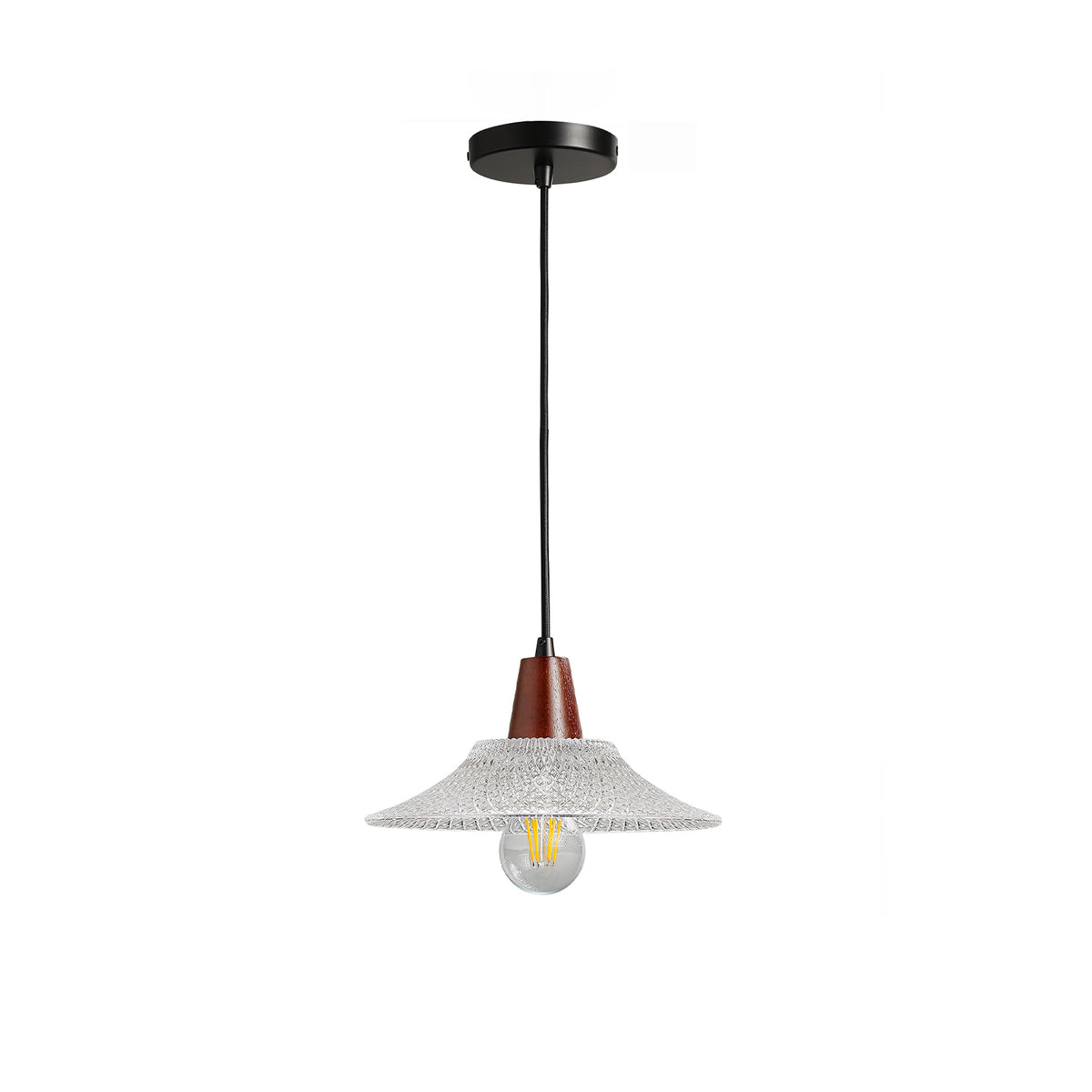 Clear ribbed glass pendant light with walnut-finish wood accent and matte black canopy on white background
