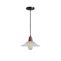 Clear ribbed glass pendant light with walnut-finish wood accent and matte black canopy on white background