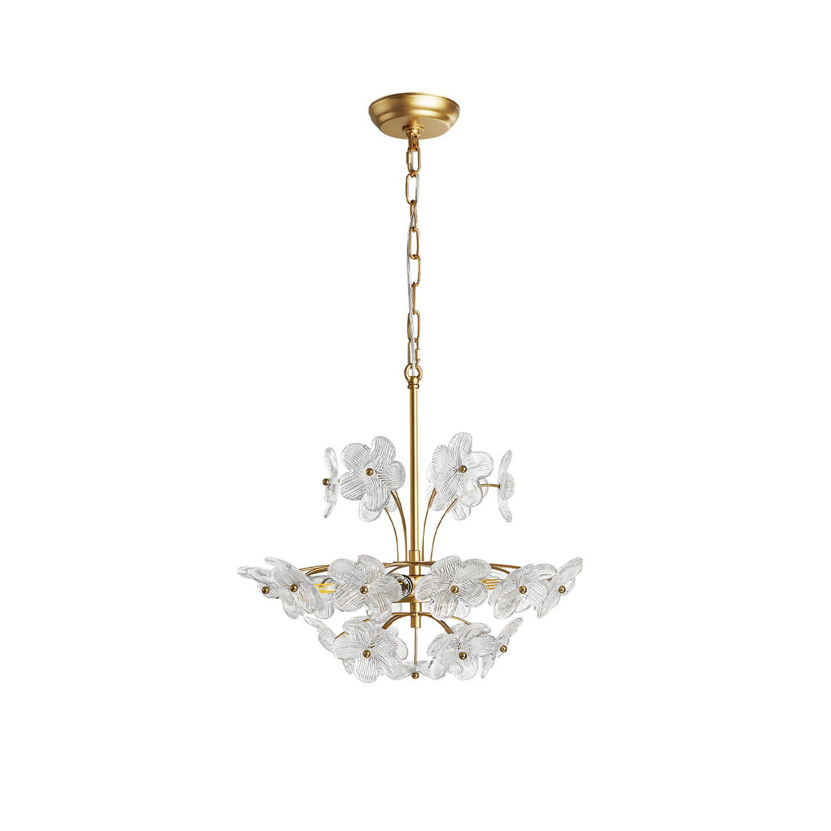 Brushed gold 6-light glass flower chandelier with clear ribbed petals and adjustable chain