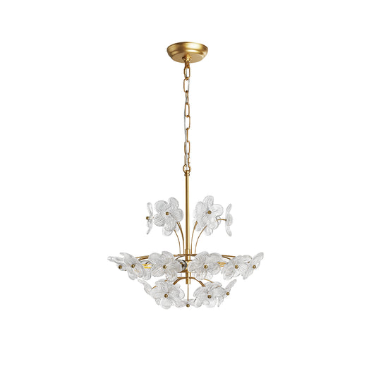 Brushed gold 6-light glass flower chandelier with clear ribbed petals and adjustable chain