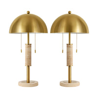 Modern Brushed Gold Mushroom Table Lamp with Travertine Base – 24 Inch, 2-Light