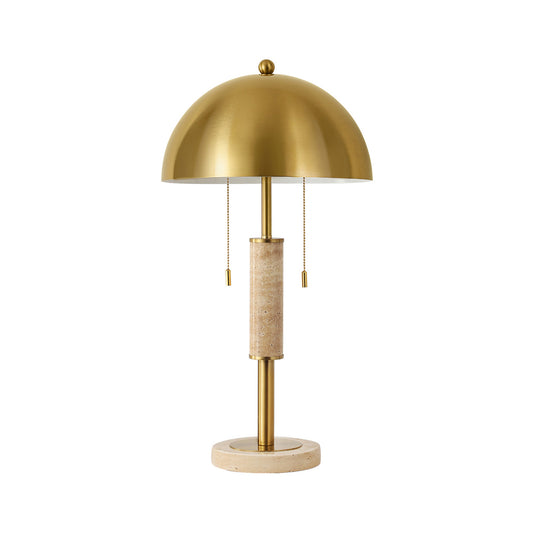 Modern Brushed Gold Mushroom Table Lamp with Travertine Base – 24 Inch, 2-Light