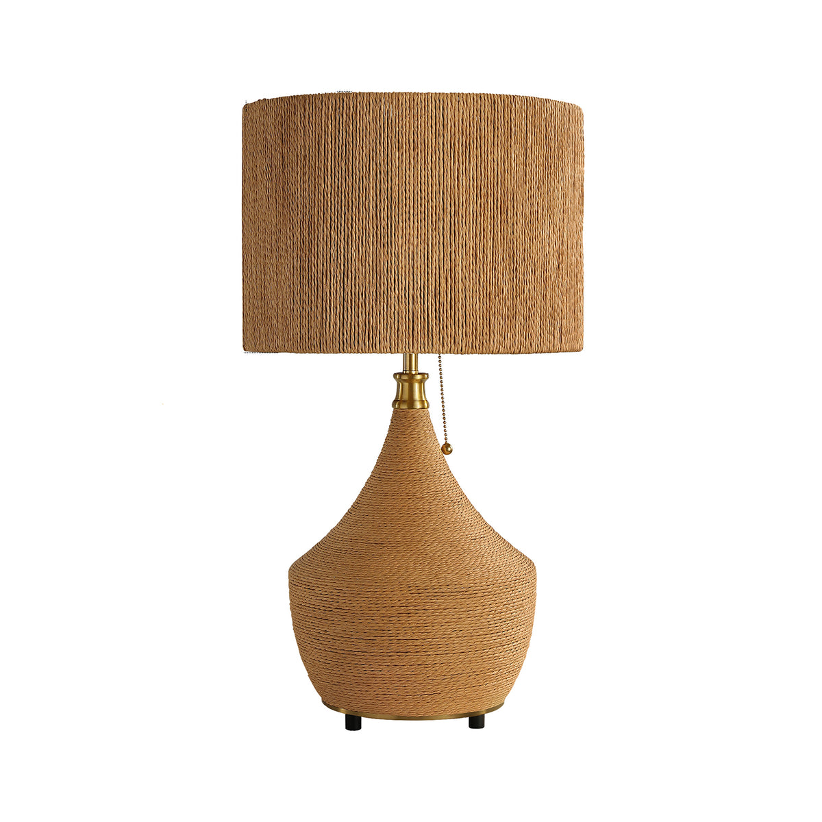 Boho natural rattan table lamp with woven paper rope drum shade and vase-shaped base