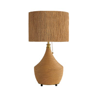 Boho natural rattan table lamp with woven paper rope drum shade and vase-shaped base