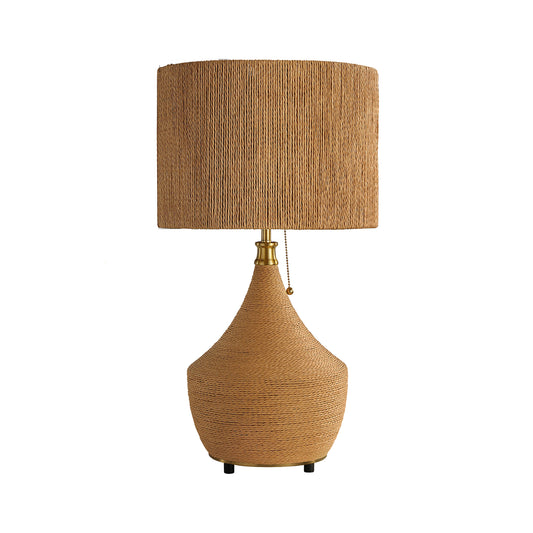Boho natural rattan table lamp with woven paper rope drum shade and vase-shaped base