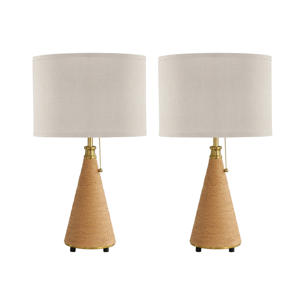 Farmhouse rattan-finish table lamp set of 2 with beige linen-blend shades on a white background