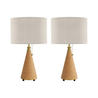 Farmhouse rattan-finish table lamp set of 2 with beige linen-blend shades on a white background