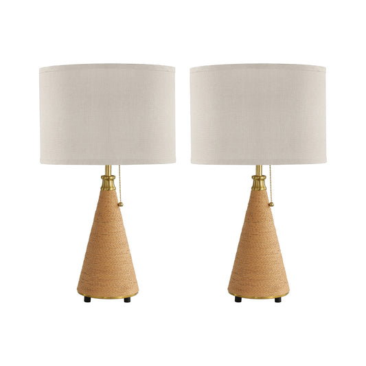 Farmhouse rattan-finish table lamp set of 2 with beige linen-blend shades on a white background