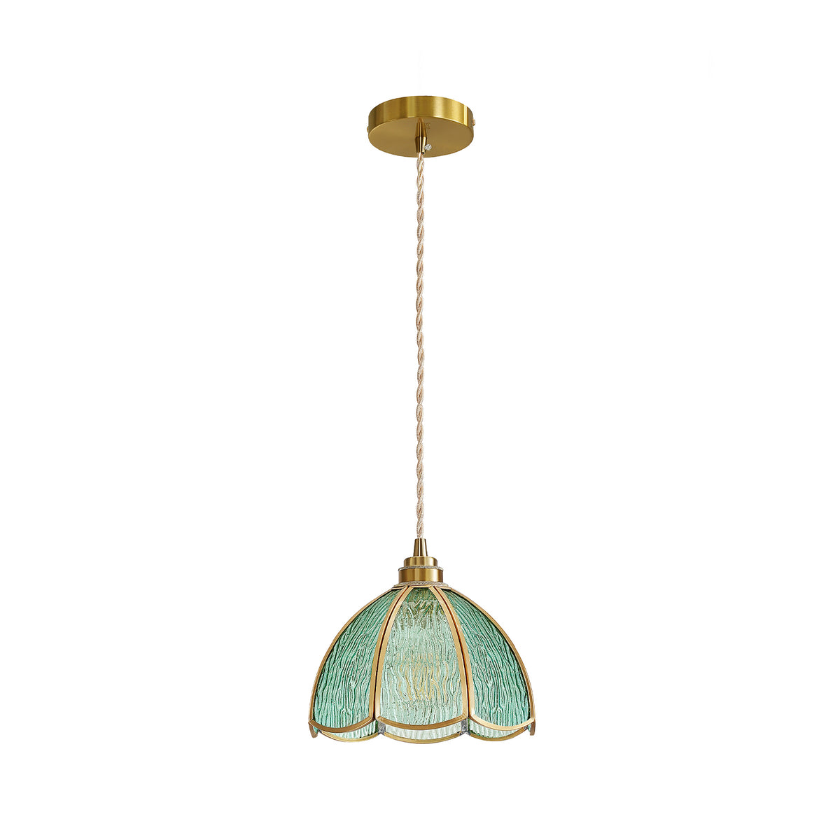 Modern blue water ripple glass pendant light with gold frame and adjustable hanging cord