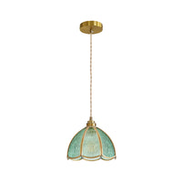 Modern blue water ripple glass pendant light with gold frame and adjustable hanging cord