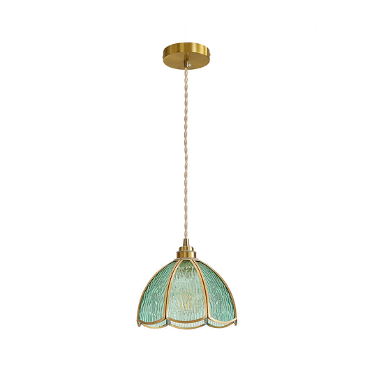Modern blue water ripple glass pendant light with gold frame and adjustable hanging cord