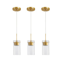 Brushed Gold Ribbed Glass Integrated LED Pendant Light – 1-Light