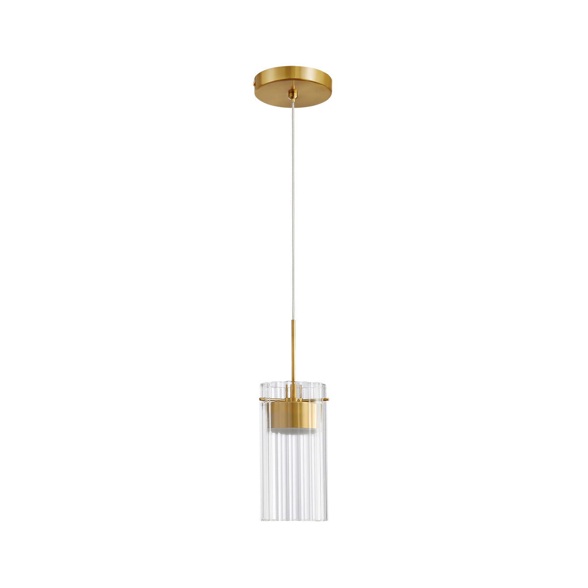 Brushed Gold Ribbed Glass Integrated LED Pendant Light – 1-Light