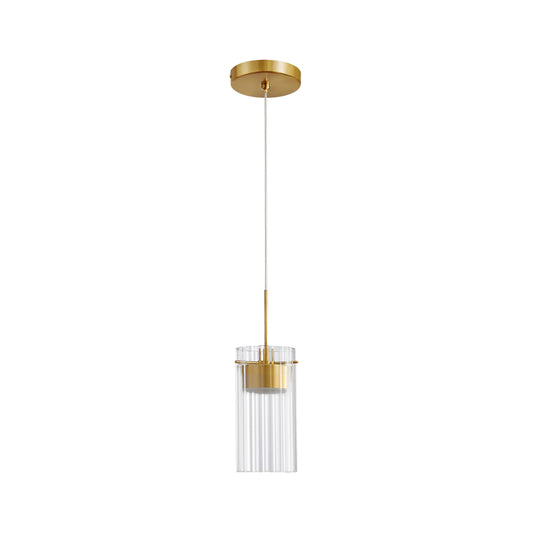 Brushed Gold Ribbed Glass Integrated LED Pendant Light – 1-Light