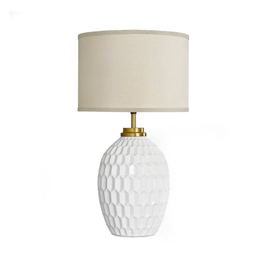 Farmhouse Faceted Ceramic Table Lamp with Linen Shade – 23 Inch