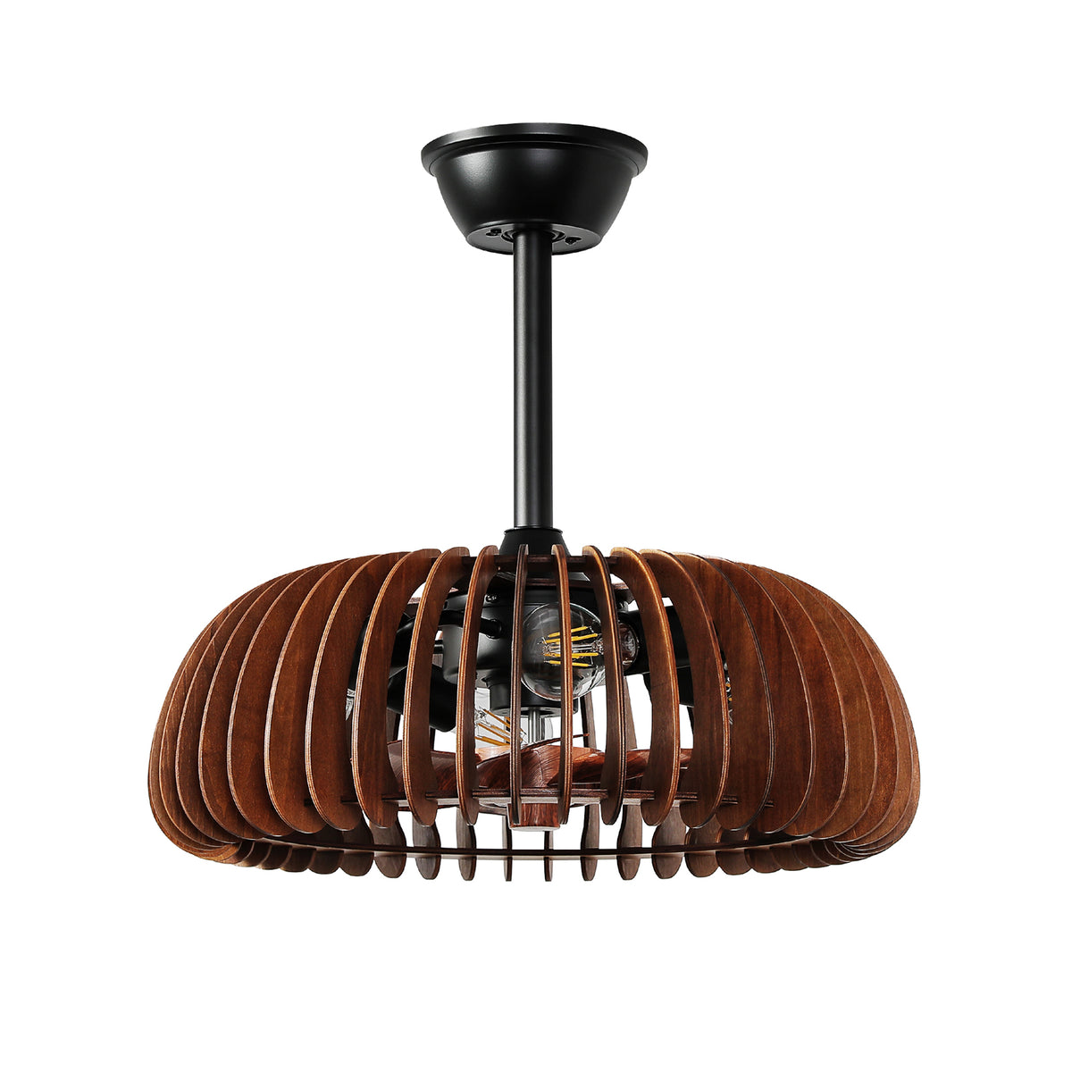 20-inch farmhouse walnut wood caged ceiling fan with light and black downrod