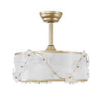 Modern floral caged ceiling fan with linen shade and glass flower accents