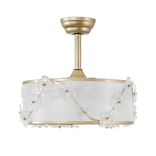 Modern floral caged ceiling fan with linen shade and glass flower accents