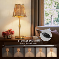 Gold rattan table lamp with inline rotary dimmer showing 10% to 100% stepless brightness