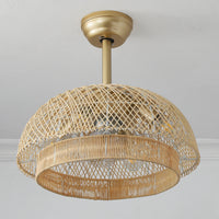 Gold woven rattan ceiling fan with light shown from below with 7 concealed blades