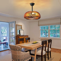 Farmhouse wood caged ceiling fan with light installed above a dining table