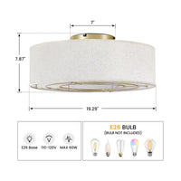 20-inch flush mount ceiling fan dimension diagram showing 19.29-inch width, 7.87-inch height and E26 bulb compatibility