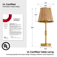 Gold rattan table lamp dimensions with UL certification information