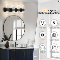 Matte Black clear wavy crystal LED wall sconces installed beside a bathroom vanity mirror