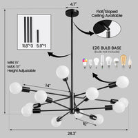 Mid-Century Sputnik 12-Light Chandelier dimensions with adjustable downrod and sloped ceiling compatibility